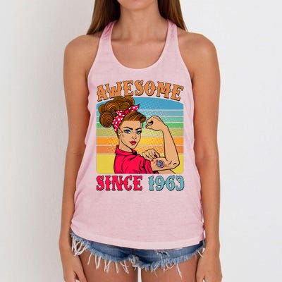 Awesome Since 1963 60th Birthday Messy Bun Rosie The Riveter Women's Knotted Racerback Tank