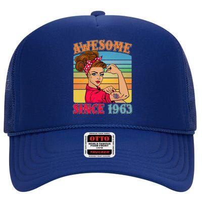 Awesome Since 1963 60th Birthday Messy Bun Rosie The Riveter High Crown Mesh Back Trucker Hat