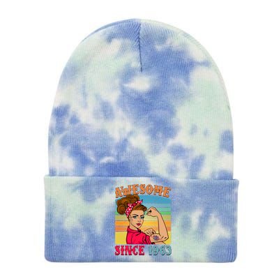 Awesome Since 1963 60th Birthday Messy Bun Rosie The Riveter Tie Dye 12in Knit Beanie