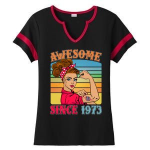 Awesome Since 1973 50th Birthday Messy Bun Rosie The Riveter Ladies Halftime Notch Neck Tee