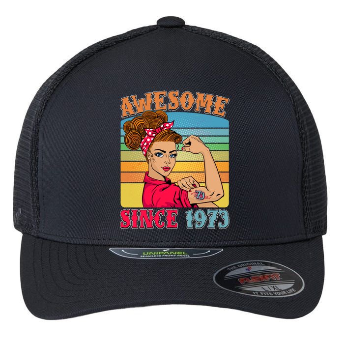 Awesome Since 1973 50th Birthday Messy Bun Rosie The Riveter Flexfit Unipanel Trucker Cap