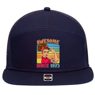 Awesome Since 1973 50th Birthday Messy Bun Rosie The Riveter 7 Panel Mesh Trucker Snapback Hat