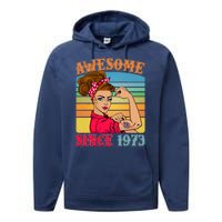 Awesome Since 1973 50th Birthday Messy Bun Rosie The Riveter Performance Fleece Hoodie