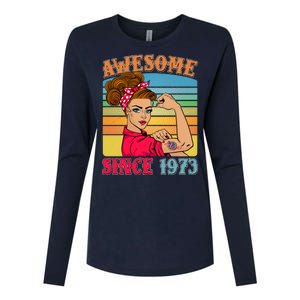 Awesome Since 1973 50th Birthday Messy Bun Rosie The Riveter Womens Cotton Relaxed Long Sleeve T-Shirt