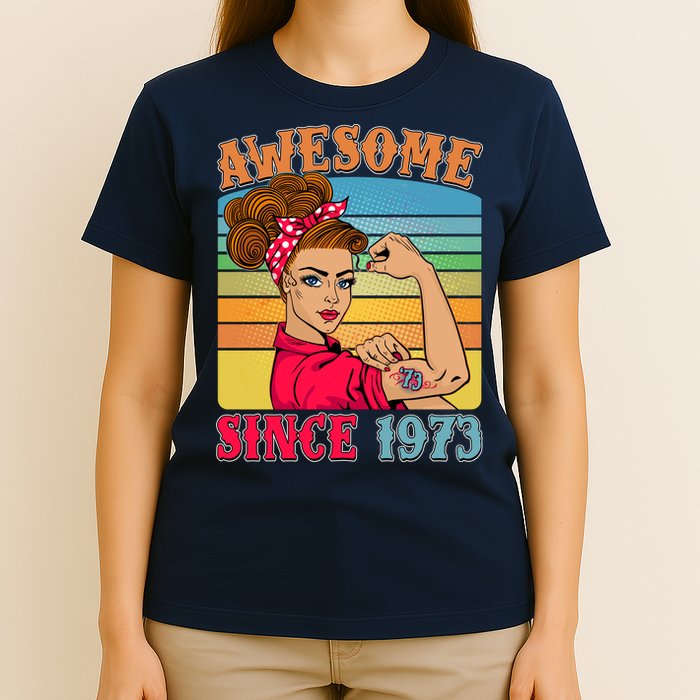 Awesome Since 1973 50th Birthday Messy Bun Rosie The Riveter T-Shirt