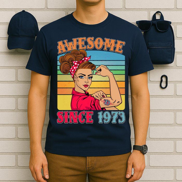 Awesome Since 1973 50th Birthday Messy Bun Rosie The Riveter T-Shirt
