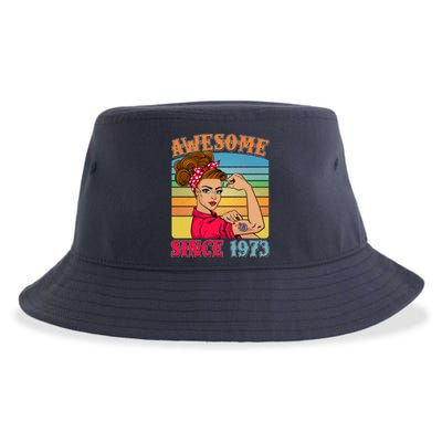 Awesome Since 1973 50th Birthday Messy Bun Rosie The Riveter Sustainable Bucket Hat