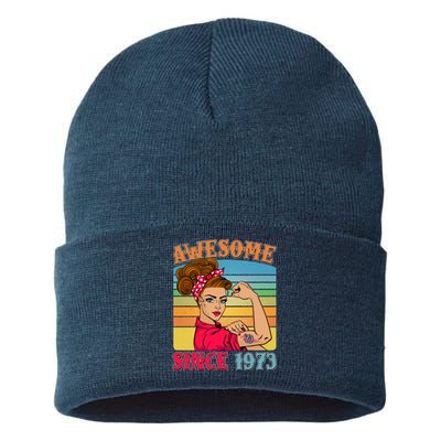 Awesome Since 1973 50th Birthday Messy Bun Rosie The Riveter Sustainable Knit Beanie