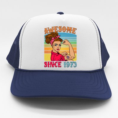 Awesome Since 1973 50th Birthday Messy Bun Rosie The Riveter Trucker Hat