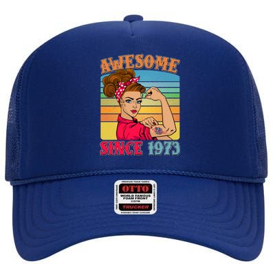 Awesome Since 1973 50th Birthday Messy Bun Rosie The Riveter High Crown Mesh Back Trucker Hat