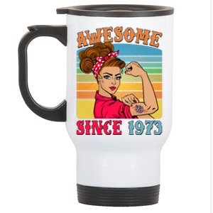 Awesome Since 1973 50th Birthday Messy Bun Rosie The Riveter Stainless Steel Travel Mug