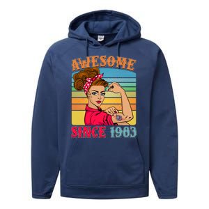 Awesome Since 1983 40th Birthday Messy Bun Rosie The Riveter Performance Fleece Hoodie