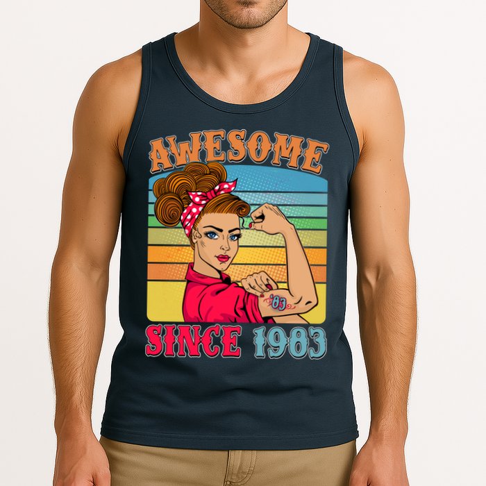 Awesome Since 1983 40th Birthday Messy Bun Rosie The Riveter Tank Top