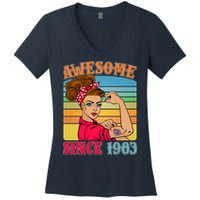 Awesome Since 1983 40th Birthday Messy Bun Rosie The Riveter Women's V-Neck T-Shirt