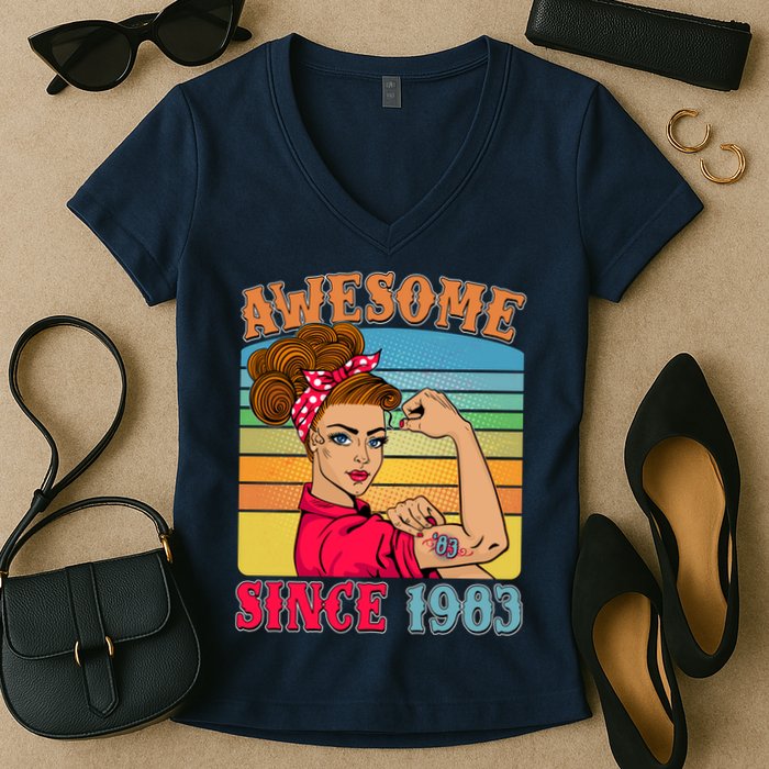 Awesome Since 1983 40th Birthday Messy Bun Rosie The Riveter Women's V-Neck T-Shirt