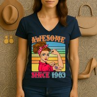 Awesome Since 1983 40th Birthday Messy Bun Rosie The Riveter Women's V-Neck T-Shirt