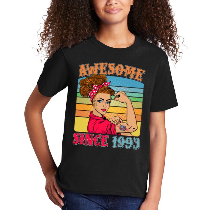Awesome Since 1993 30th Birthday Messy Bun Rosie The Riveter Kids T-Shirt