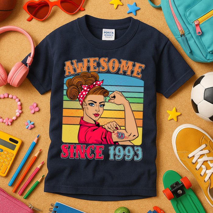 Awesome Since 1993 30th Birthday Messy Bun Rosie The Riveter Kids T-Shirt