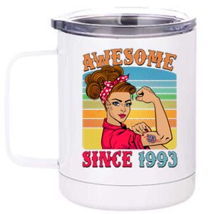 Awesome Since 1993 30th Birthday Messy Bun Rosie The Riveter 12 oz Stainless Steel Tumbler Cup