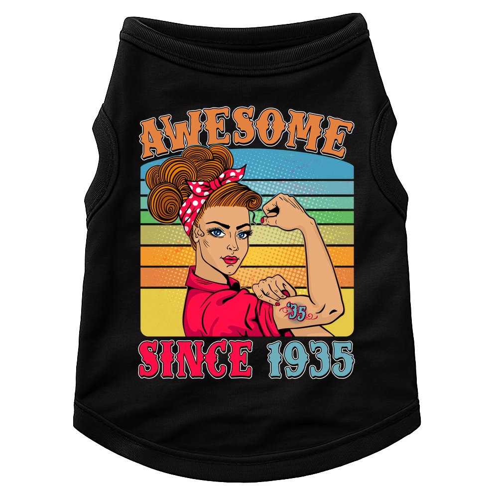 Awesome Since 1935 90th Birthday Messy Bun Rosie The Riveter Doggie Tank