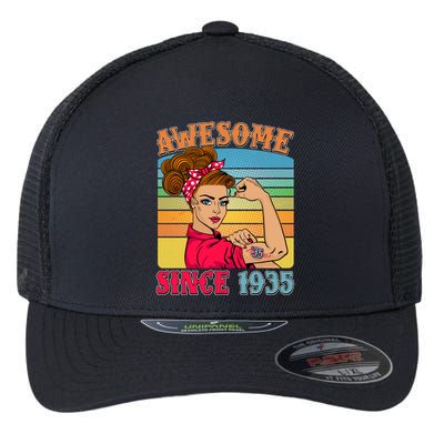 Awesome Since 1935 90th Birthday Messy Bun Rosie The Riveter Flexfit Unipanel Trucker Cap