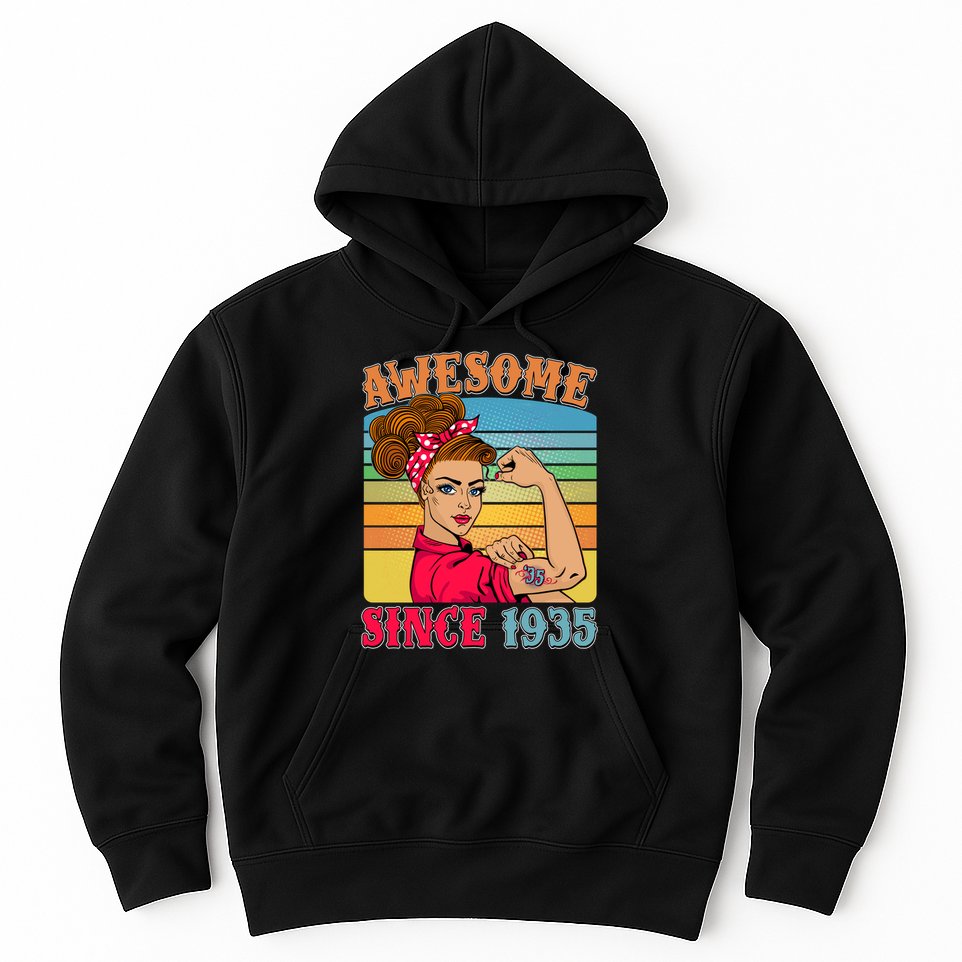 Awesome Since 1935 90th Birthday Messy Bun Rosie The Riveter Hoodie