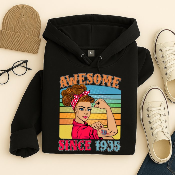 Awesome Since 1935 90th Birthday Messy Bun Rosie The Riveter Hoodie