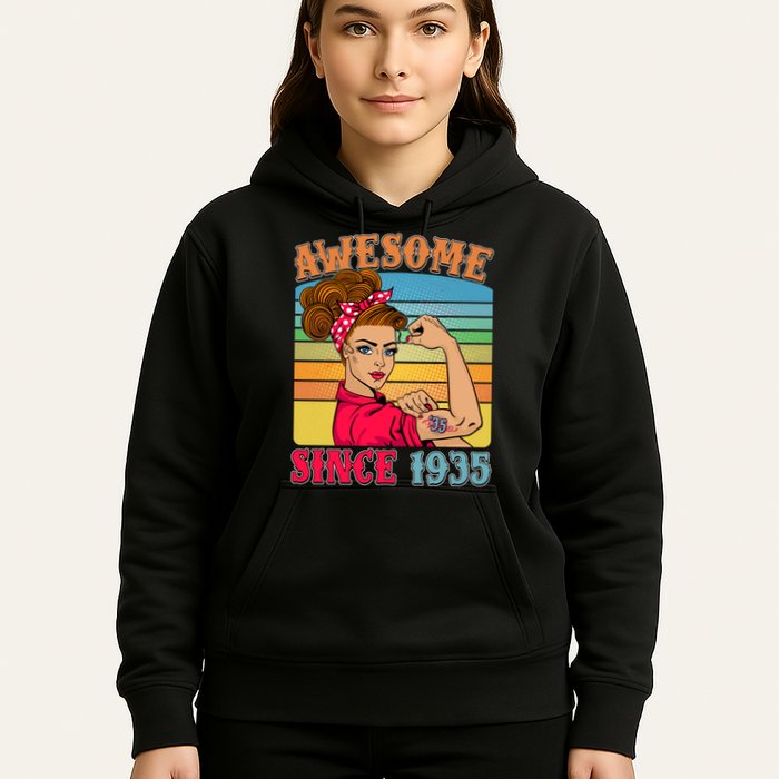Awesome Since 1935 90th Birthday Messy Bun Rosie The Riveter Hoodie
