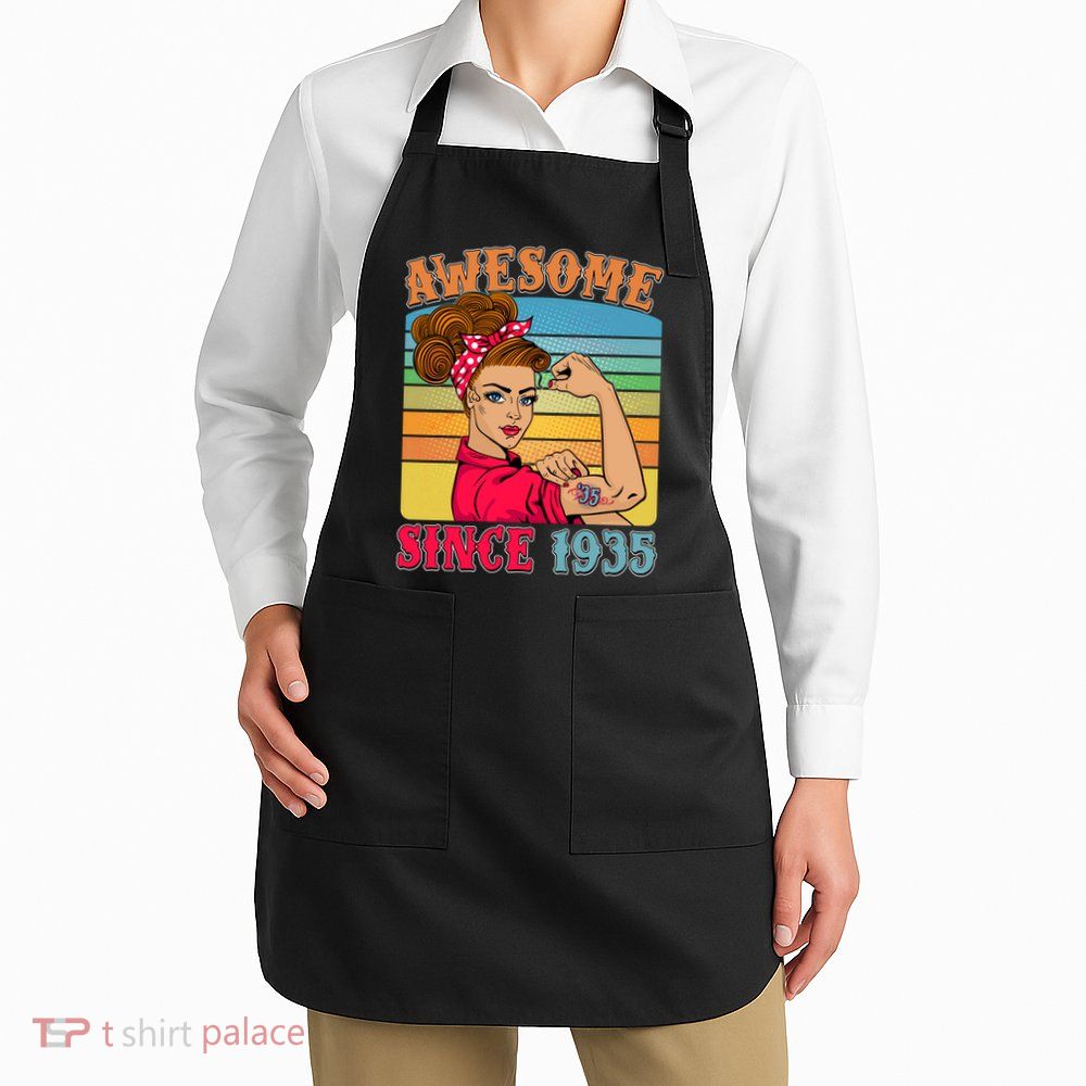 Awesome Since 1935 90th Birthday Messy Bun Rosie The Riveter Apron