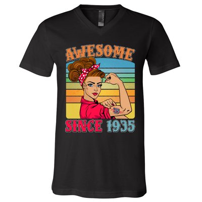 Awesome Since 1935 90th Birthday Messy Bun Rosie The Riveter V-Neck T-Shirt