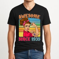 Awesome Since 1935 90th Birthday Messy Bun Rosie The Riveter V-Neck T-Shirt