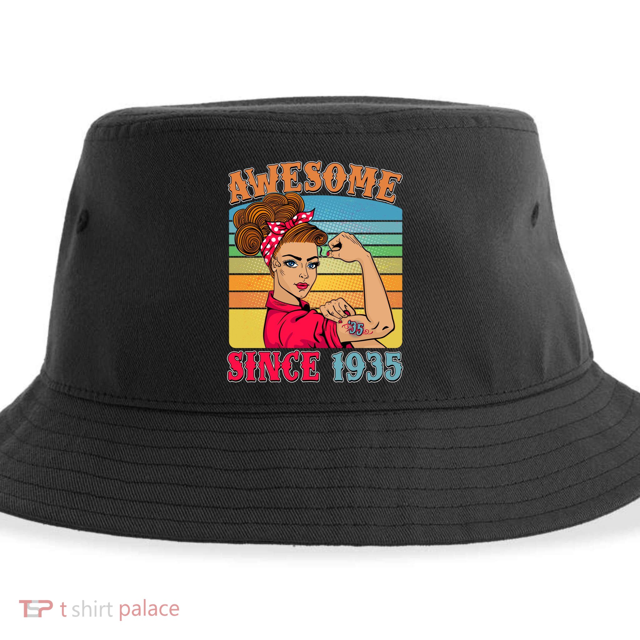 Awesome Since 1935 90th Birthday Messy Bun Rosie The Riveter Sustainable Bucket Hat