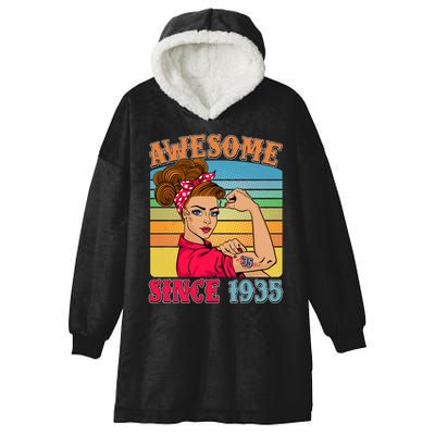 Awesome Since 1935 90th Birthday Messy Bun Rosie The Riveter Hooded Wearable Blanket