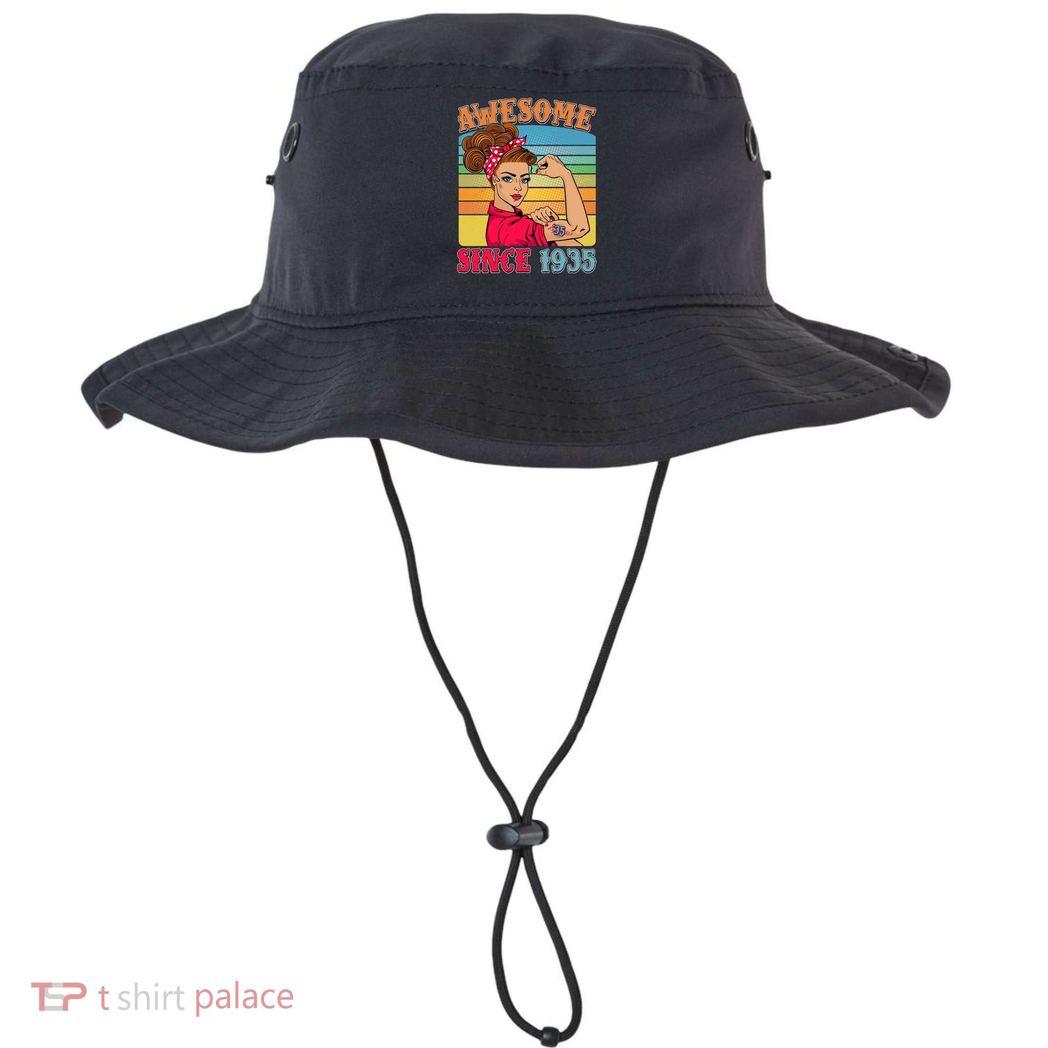 Awesome Since 1935 90th Birthday Messy Bun Rosie The Riveter Bucket Hat