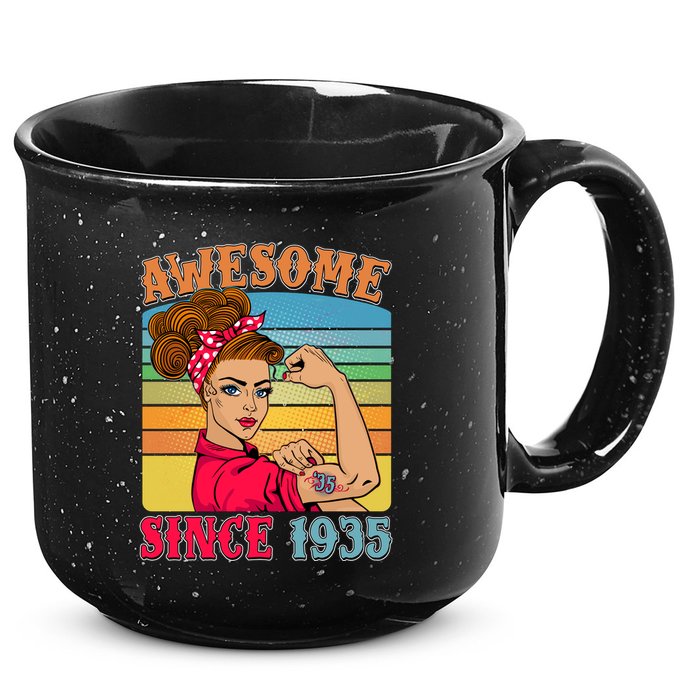 Awesome Since 1935 90th Birthday Messy Bun Rosie The Riveter 15oz Campfire Ceramic Mug