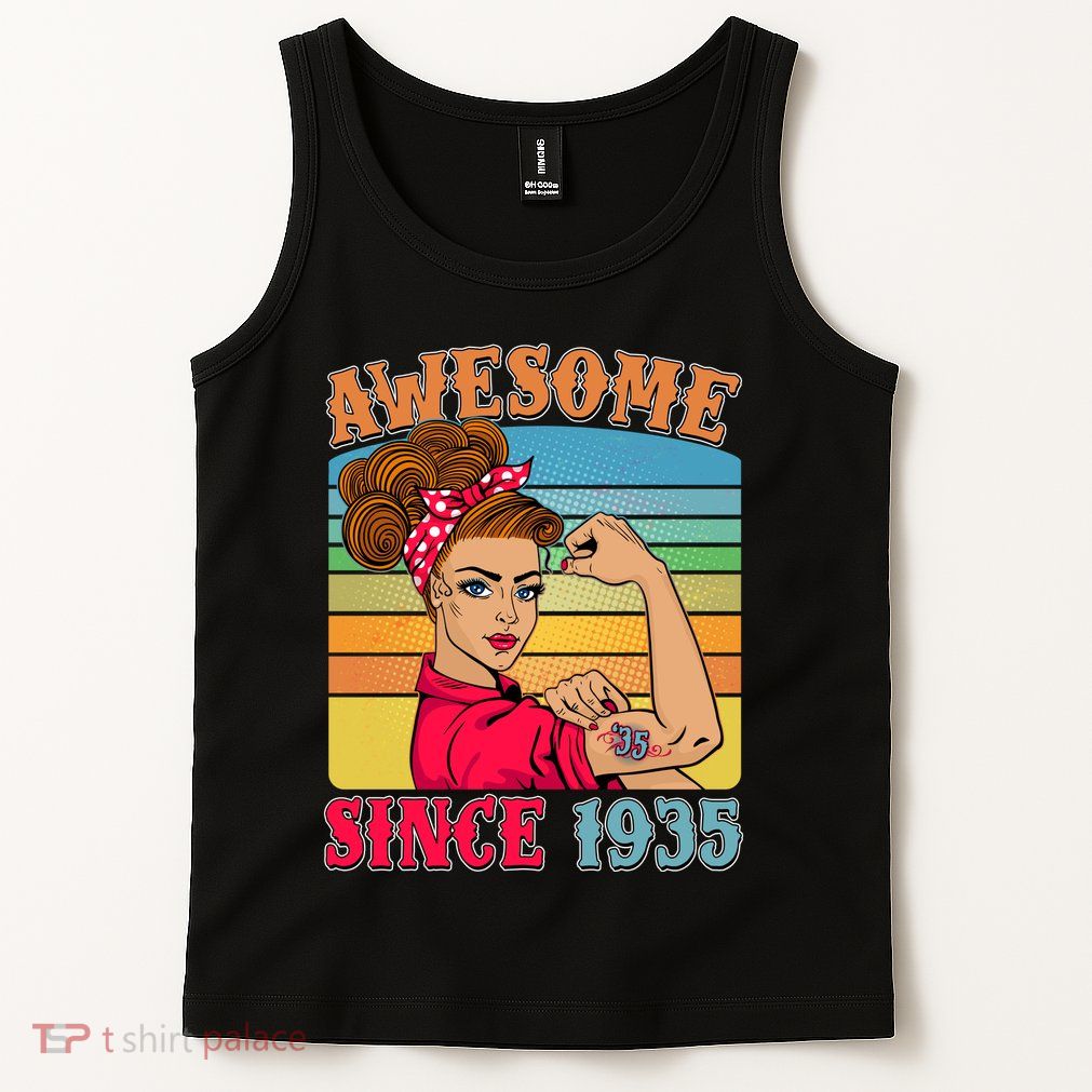 Awesome Since 1935 90th Birthday Messy Bun Rosie The Riveter Tank Top