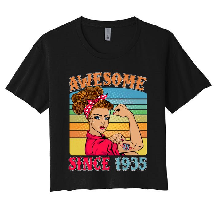 Awesome Since 1935 90th Birthday Messy Bun Rosie The Riveter Crop Top