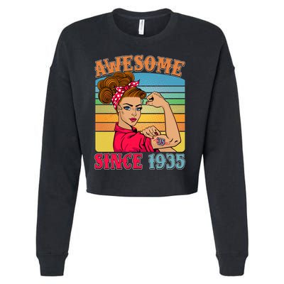Awesome Since 1935 90th Birthday Messy Bun Rosie The Riveter Cropped Pullover Crew