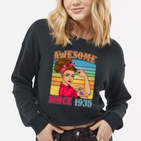 Awesome Since 1935 90th Birthday Messy Bun Rosie The Riveter Cropped Pullover Crew