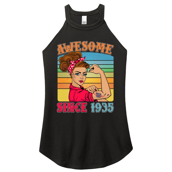 Awesome Since 1935 90th Birthday Messy Bun Rosie The Riveter Women's Perfect Tri Rocker Tank