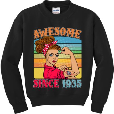 Awesome Since 1935 90th Birthday Messy Bun Rosie The Riveter Kids Sweatshirt
