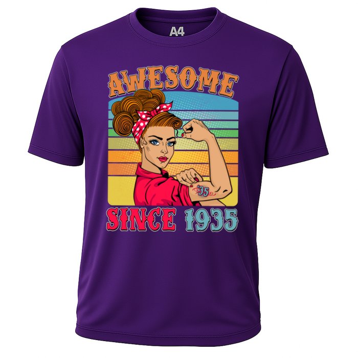 Awesome Since 1935 90th Birthday Messy Bun Rosie The Riveter Performance Shirt