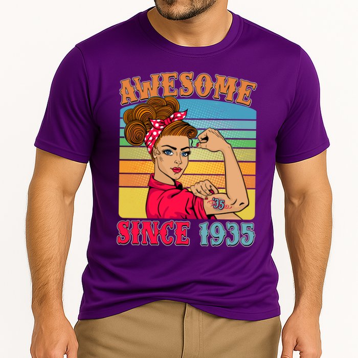 Awesome Since 1935 90th Birthday Messy Bun Rosie The Riveter Performance Shirt