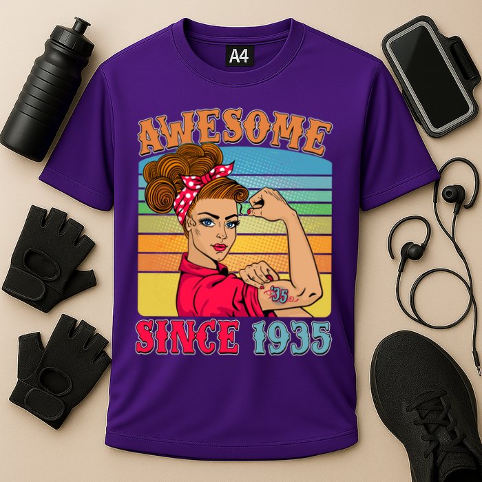 Awesome Since 1935 90th Birthday Messy Bun Rosie The Riveter Performance Shirt