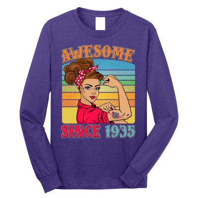 Awesome Since 1935 90th Birthday Messy Bun Rosie The Riveter Long Sleeve Shirt