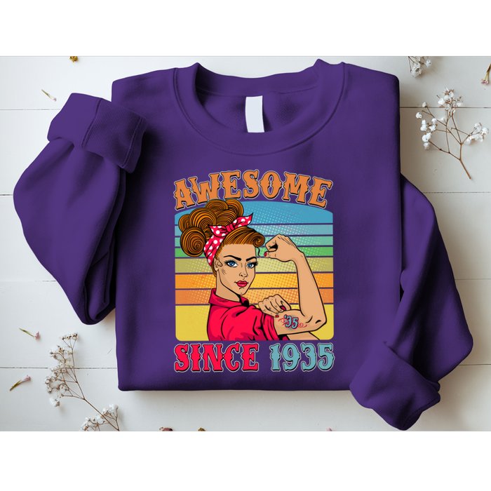 Awesome Since 1935 90th Birthday Messy Bun Rosie The Riveter Sweatshirt