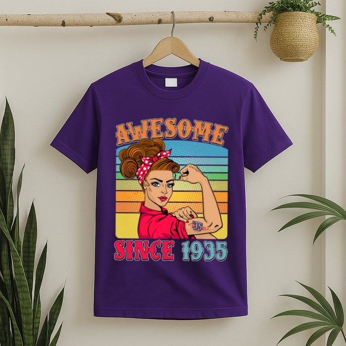 Awesome Since 1935 90th Birthday Messy Bun Rosie The Riveter T-Shirt