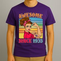Awesome Since 1935 90th Birthday Messy Bun Rosie The Riveter T-Shirt