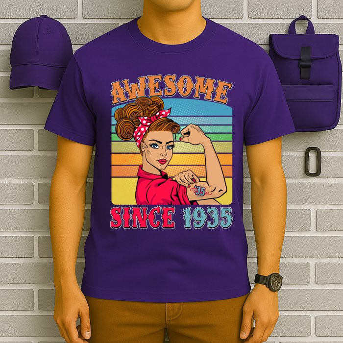 Awesome Since 1935 90th Birthday Messy Bun Rosie The Riveter T-Shirt