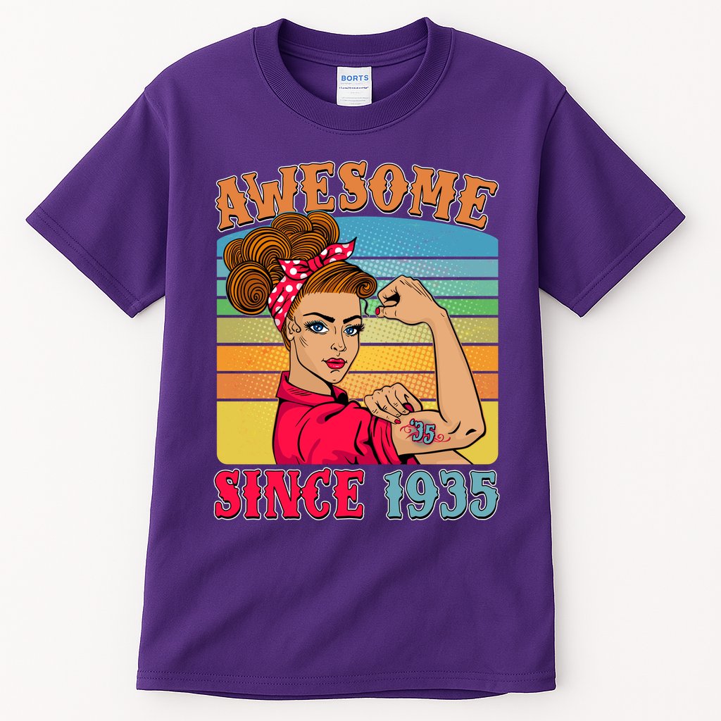 Awesome Since 1935 90th Birthday Messy Bun Rosie The Riveter Tall T-Shirt